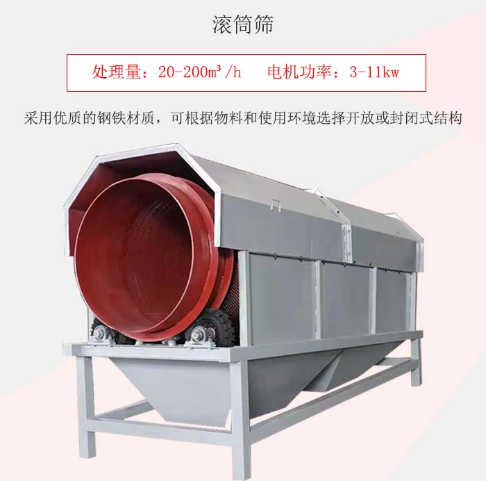 滾筒篩采用優(yōu)質(zhì)的鋼鐵材質(zhì)，可根據(jù)物料和使用環(huán)境選擇開放或封閉式結(jié)構