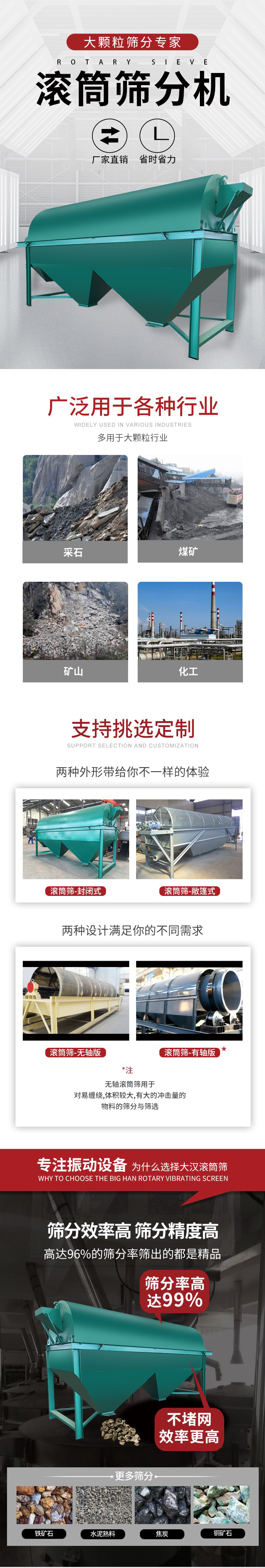 滾筒篩分機大顆粒篩分專家：廠家直銷，省時省力。滾筒篩被廣泛應用各種行業(yè)：多用于大顆粒行業(yè)例如：采石，煤礦，礦山，化工等。滾筒篩定制類型有哪些：封閉式與敞篷式產品結構分為：無軸式，有軸式兩種，無軸滾筒篩用于對纏繞，體積較大，有大的沖擊量的物料的篩分與篩選。滾筒篩篩分效率高篩分精度能夠達到：96%也比較適用于鐵礦石，水泥熟料，焦炭，銅礦石。滾筒篩特點：不飛粉末：密封隔離罩，密封性好，工作過程不會出現飛粉現象。外型尺寸是按筒體長計