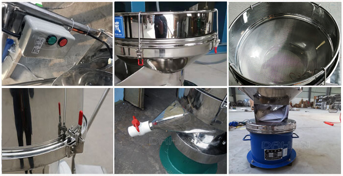 過(guò)濾篩細(xì)節(jié)展示：控制開(kāi)關(guān)，篩框，出料口閥門(mén)，底座等